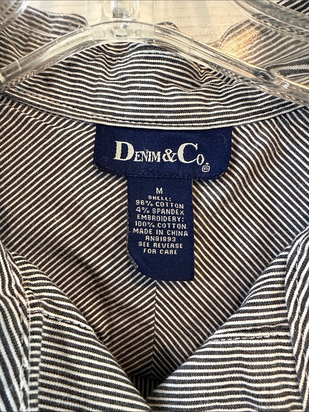 Denim & Co Gray Pinstripe Button-Down Shirt with White Floral Embroidery - Picture 2 of 8